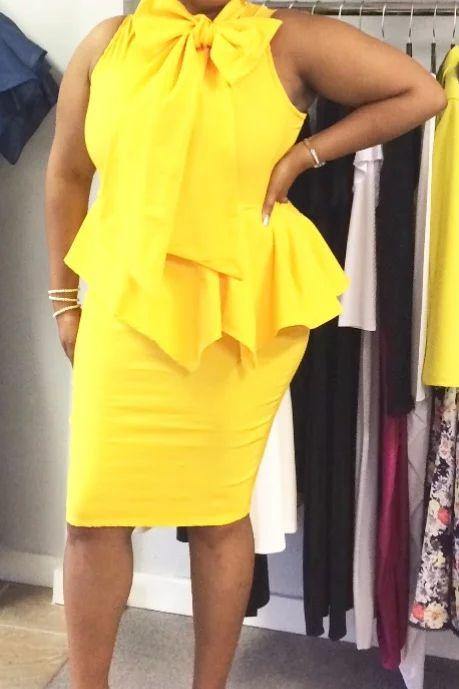 Plus Size - Mustard Peplum Dress - Majority Full Figured Fashion